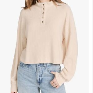 Nation LTD Cropped Evan Turtleneck Ribbed Henley Snap Top in Cream